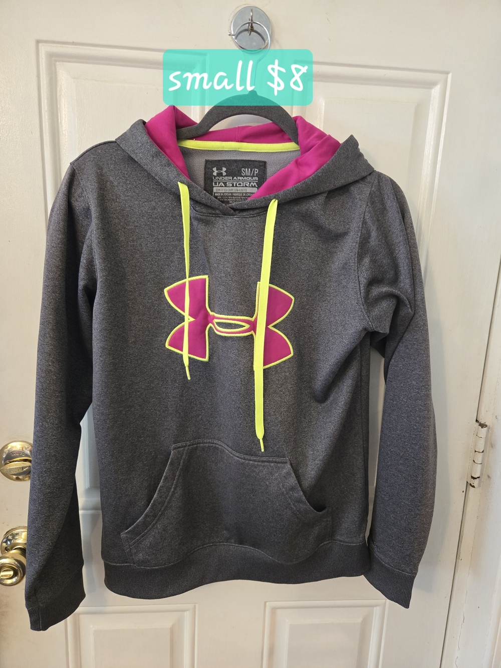 Under Armour Gray Hoodie with Pink Logo & Neon Yellow Drawstrings